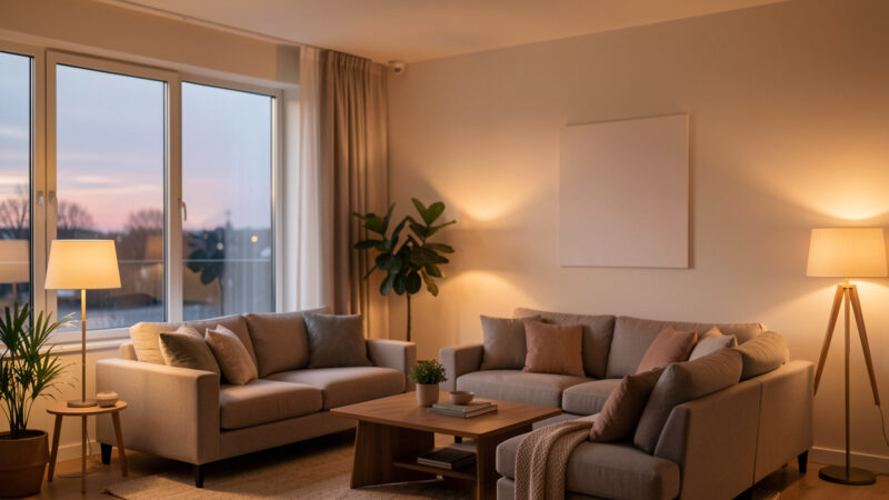 Wide shot of a warm living room at dusk with a discreet ceiling-mounted presence sensor