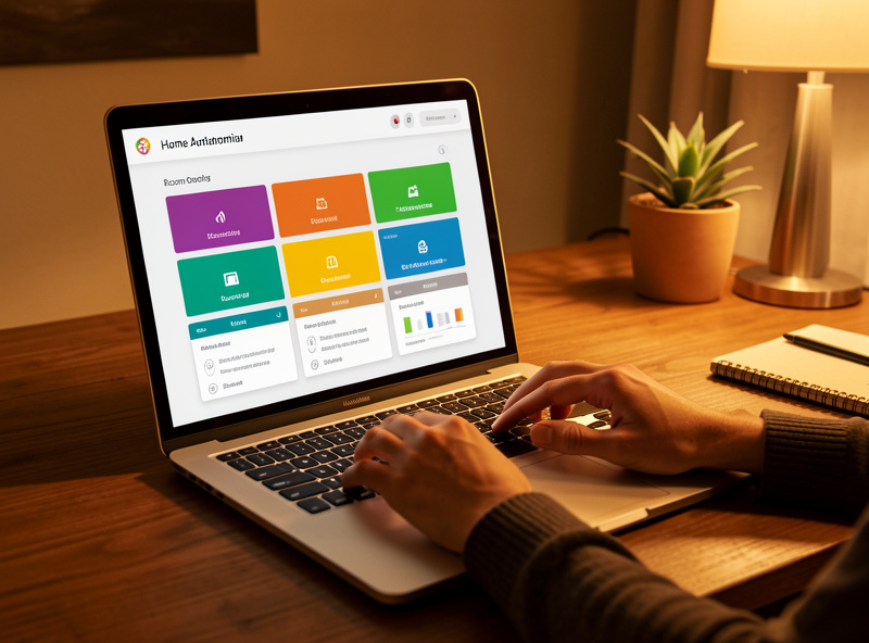 Laptop screen showing a home automation dashboard with colored room occupancy tiles