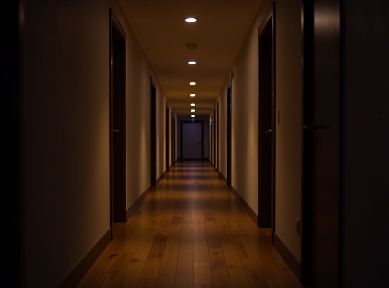 Long hallway at dusk with motion-activated ceiling lights glowing in sequence