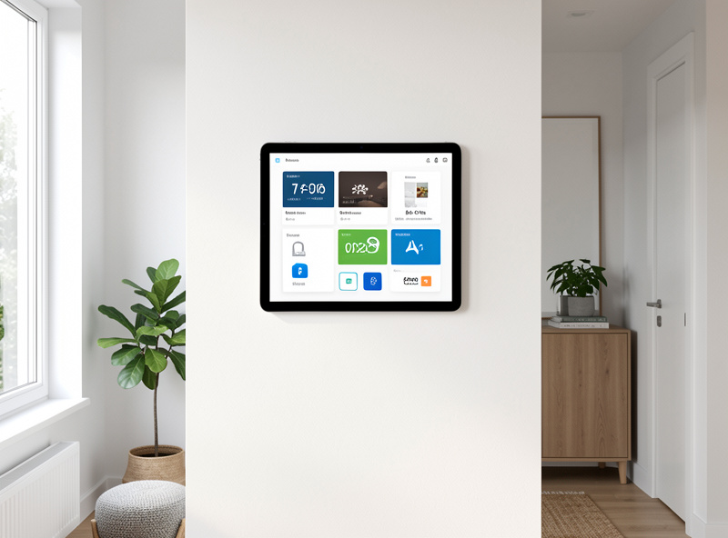 Wall-mounted tablet in a hallway displaying a Home Assistant dashboard with temperature, lock and lighting tiles