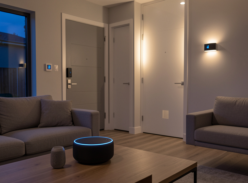 Smart home scene showing Alexa controlling smart lock alongside lights and thermostat