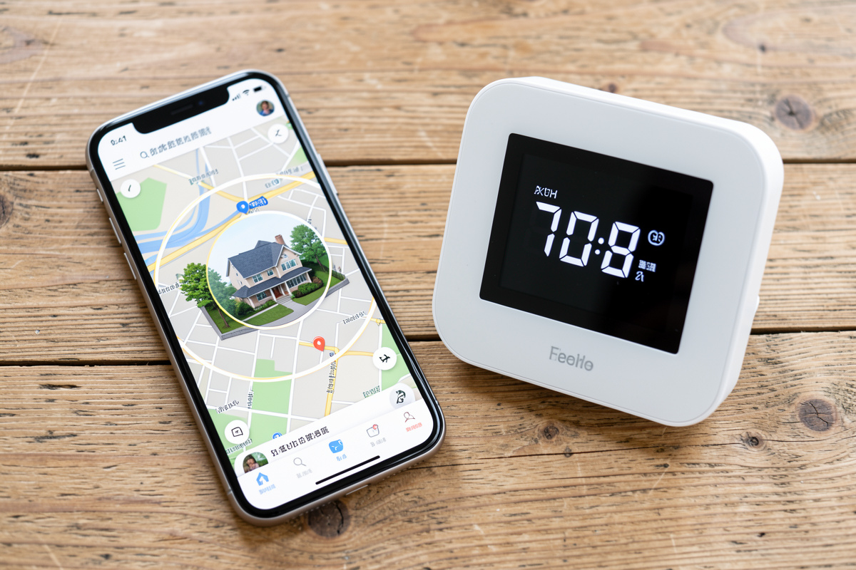 Smartphone map app showing a geofence radius around a house next to a smart thermostat