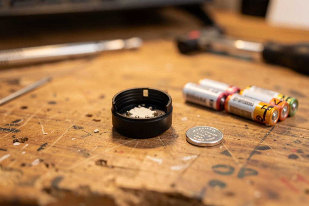 Zigbee sensor opened beside coin cell batteries to improve battery life