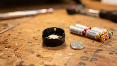 Zigbee sensor opened beside coin cell batteries to improve battery life