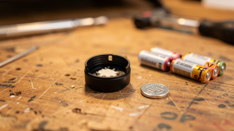 Zigbee sensor opened beside coin cell batteries to improve battery life